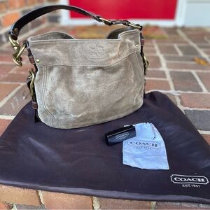 Vintage Coach Hobo bag, tan suede. Style 12661. Clean purple interior. 2008